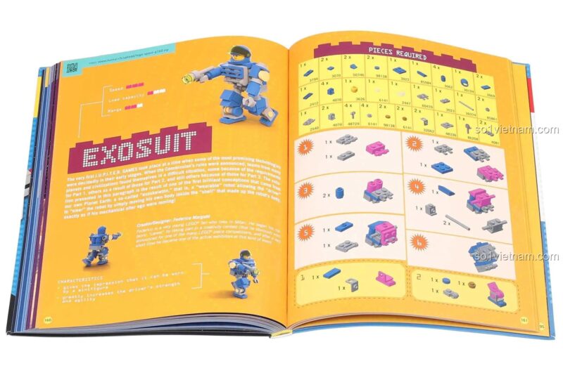 Hướng dẫn lắp ráp robot Exosuit từ sách mô hình Thunder Bay Press ISBN9781684125418, chi tiết các mảnh ghép LEGO® cần thiết, rèn luyện kỹ năng cho trẻ 8 tuổi.
