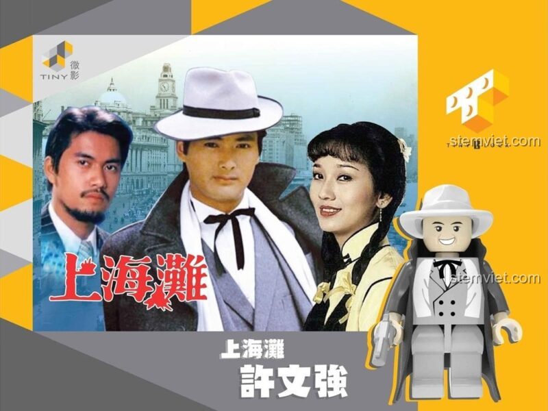 Poster quảng cáo đồ chơi mô hình Hứa Văn Cường Tiny, so sánh với hình ảnh trong phim Bến Thượng Hải. Món quà độc đáo cho fan phim Hồng Kông.
