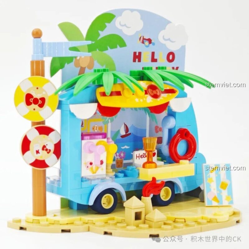 Mô hình Hello Kitty Bãi Biển 2322 với ghế tắm nắng và ô che, đồ chơi mô hình Hello Kitty Tắm Nắng