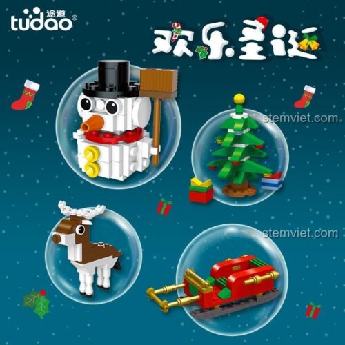 Bốn mô hình Giáng Sinh: người tuyết, cây thông Noel, xe trượt tuyết và tuần lộc từ bộ lắp ghép Tudao TDPS003SDLE, đồ chơi xếp hình sáng tạo cho bé 6 tuổi.