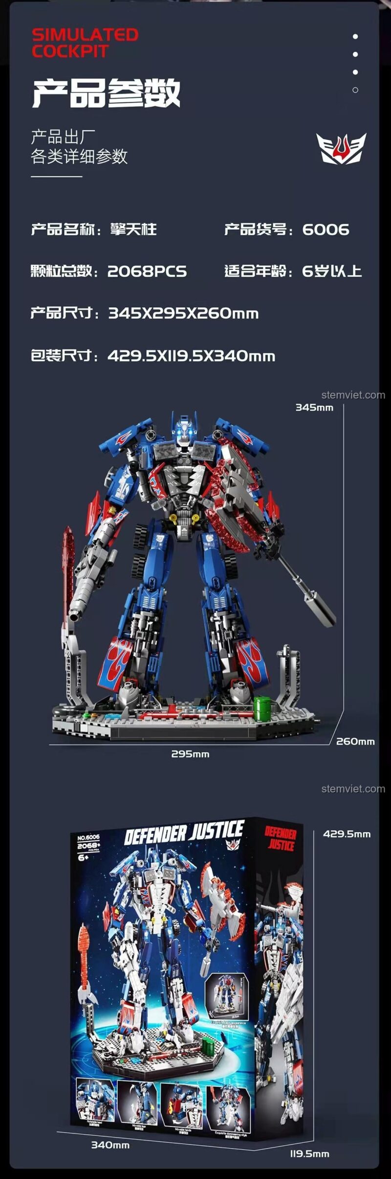 Thông số kích thước chi tiết của mô hình và hộp sản phẩm Tuole 6006 Thủ lĩnh Autobot Optimus Prime.