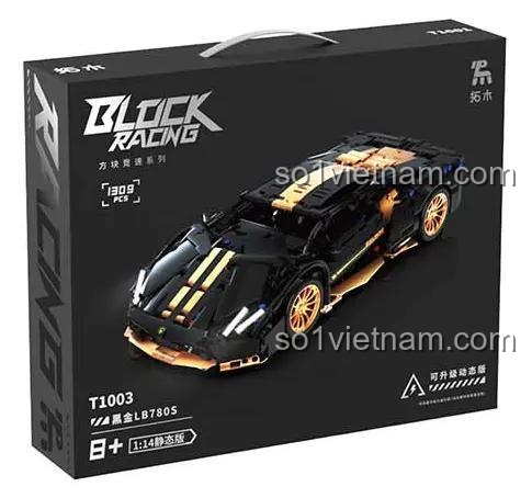 Hộp sản phẩm của bộ xếp hình Tuomu T1003 Siêu xe Black Gold LB780S, thể hiện rõ 1309 chi tiết và tỉ lệ 1:14, phù hợp làm quà tặng.