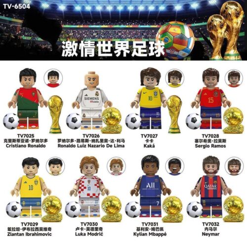 Hình ảnh bộ đồ chơi Minifigure Cầu Thủ Bóng Đá TV6504 của hãng TV, tái hiện 8 ngôi sao sân cỏ nổi tiếng, phù hợp cho bé trai 6 tuổi, giá tốt.
