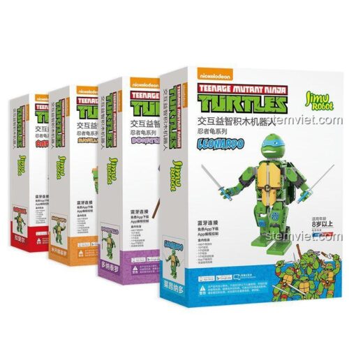 Hộp sản phẩm bộ đồ chơi UBTECH UBTECH-TURTLES-LEONARDO Robot Ninja Rùa Leonardo, thể hiện tính năng lập trình và điều khiển qua app, phù hợp cho bé trai.