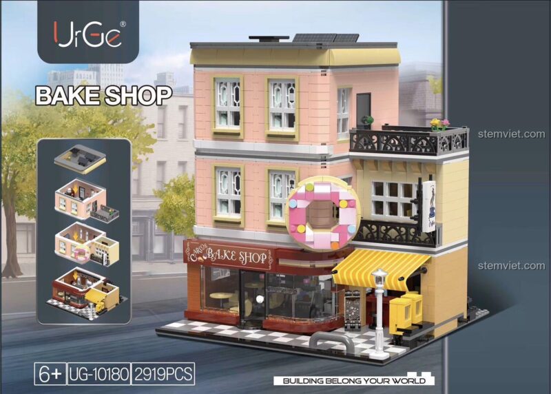 Hộp sản phẩm của bộ đồ chơi xây dựng Tiệm Bánh Donut UrGe UG-10180, thể hiện rõ số chi tiết 2919 mảnh và thiết kế module tháo rời từng tầng.