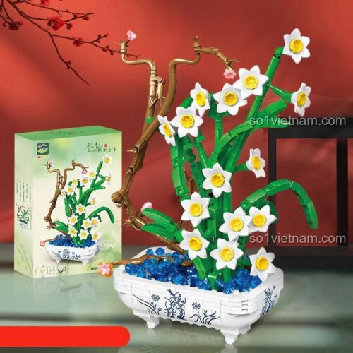 Bộ đồ chơi Hoa Thủy Tiên 豌豆联盟 77123, mô hình hoa thủy tiên bằng nhựa ABS cao cấp, 688 chi tiết, độ tuổi 6+, màu trắng, xanh lá, vàng, xanh dương, có tặng kèm tinh dầu thơm, phù hợp bé gái, kèm hộp sản phẩm