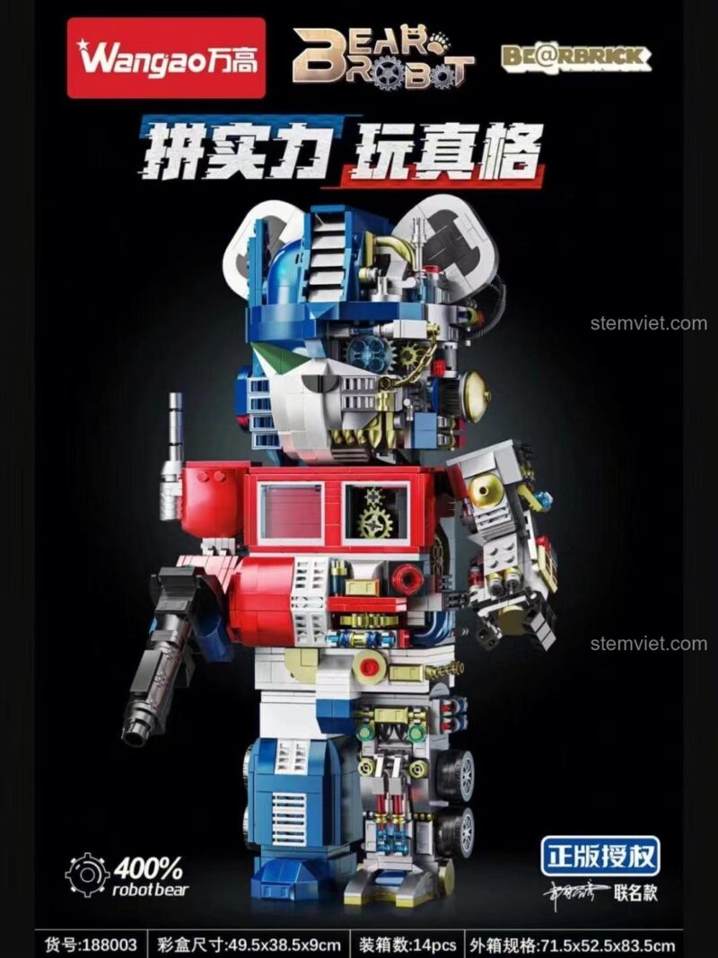 Hộp bộ lắp ghép Wangao 188003 Gấu Robot Biến Hình, thể hiện kích thước hộp 49.5x38.5x9cm, chất lượng cao cho bé trai 6 tuổi+.