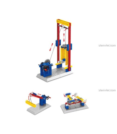 Hình ảnh 3 mô hình có thể lắp ráp từ bộ lắp ghép WANGE 1304: thang máy, cần cẩu và cơ cấu bánh răng. STEM toy WANGE 1304 là món quà tuyệt vời cho bé.