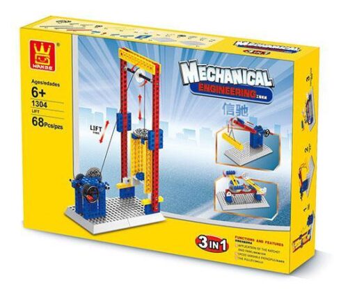 Hộp sản phẩm bộ đồ chơi Thang máy cơ học WANGE 1304, đồ chơi giáo dục cho bé trai 6 tuổi, giá rẻ.