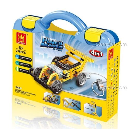Mô hình xe đua tốc độ màu vàng đen từ bộ lắp ghép WANGE 1401. Đây là một trong 4 mô hình có thể lắp ráp, sử dụng các chi tiết kỹ thuật Technic, phù hợp cho bé trai 6 tuổi yêu thích đồ chơi giáo dục STEM.
