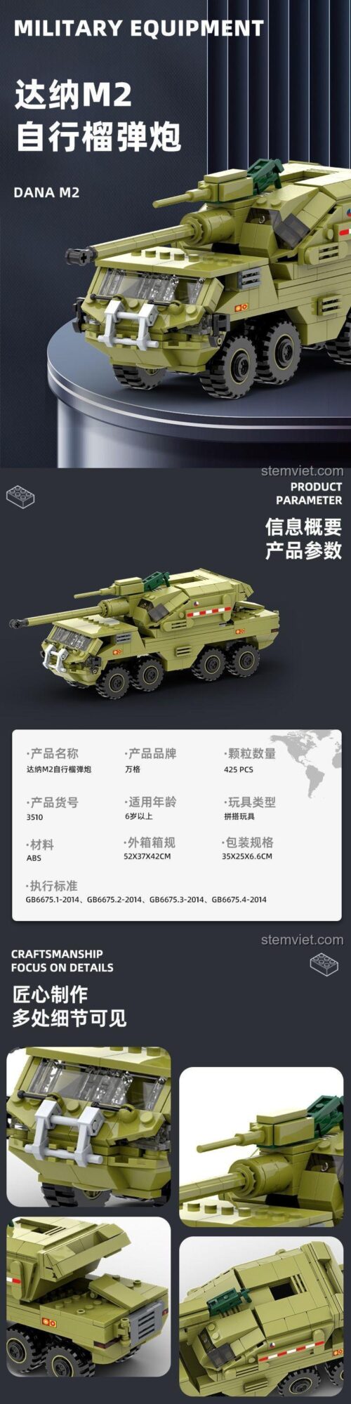 Thông số kỹ thuật và chi tiết của bộ lắp ráp Xe pháo tự hành DANA M2 WANGE 3510, bao gồm 425 mảnh ghép chất lượng cao.