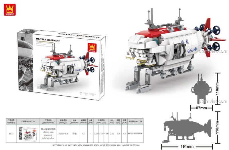 Kích thước chi tiết của bộ xếp hình WANGE 3521 Tàu lặn nghiên cứu khoa học, dài 19.1cm.