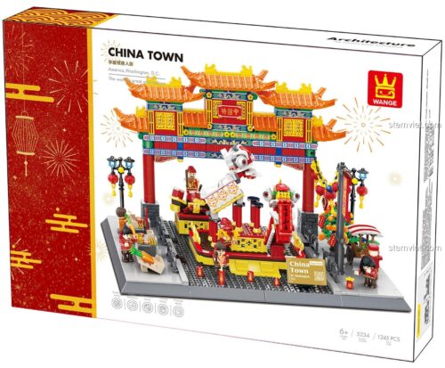 Hộp sản phẩm bộ lắp ghép WANGE 5234 Khu Phố Tàu 1245 mảnh, thể hiện rõ tên sản phẩm, mã số và số chi tiết, phù hợp cho bé 6 tuổi trở lên, chất lượng cao.