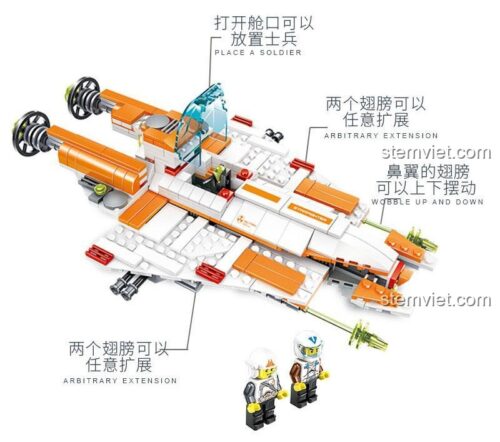 Chi tiết tính năng của đồ chơi mô hình Chiến Hạm Tinh Tế WANGE 55174: buồng lái mở, cánh điều chỉnh được, kèm 2 minifigure.