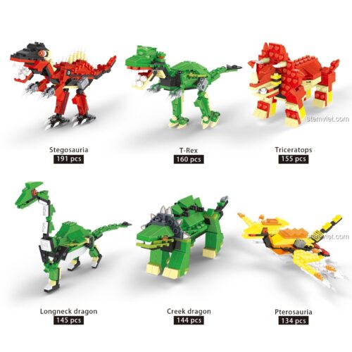 6 mô hình khủng long sau khi lắp ráp từ bộ đồ chơi WANGE 6801, bao gồm T-Rex, Triceratops và nhiều loài khác.