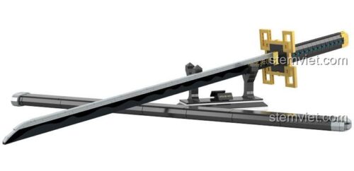 Mô hình lắp ráp Kiếm của Hà Trụ 66018 sau khi hoàn thành, đặt trên giá đỡ đi kèm.