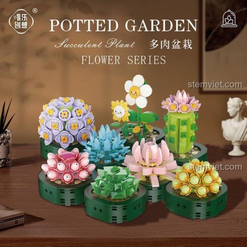 Mô hình Cây cảnh lắp ráp Weile 2114 đã hoàn thiện, gồm 8 chậu sen đá nhỏ xinh, màu sắc tươi tắn, phù hợp trang trí bàn làm việc.