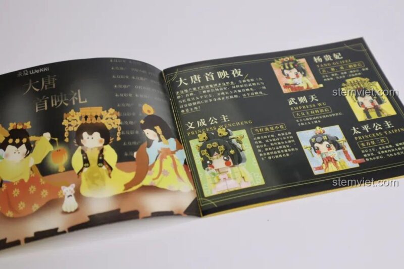Trang giới thiệu nhân vật trong sách hướng dẫn bộ lắp ghép Wekki 516030 Đại Đường Thủ Diễn Dạ, mô tả các công chúa.
