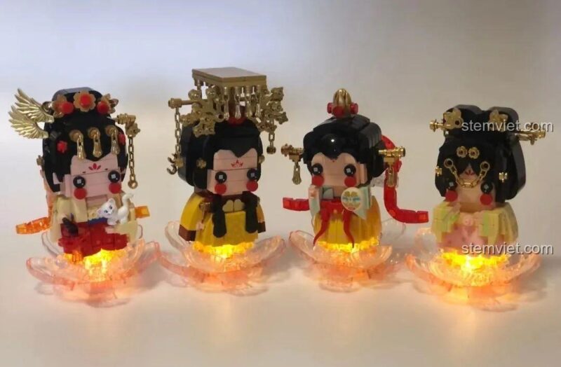 Bộ 4 mô hình Công chúa và Nữ hoàng Đại Đường Wekki 516033 trên đế hoa sen phát sáng, tạo hiệu ứng trưng bày đẹp mắt.