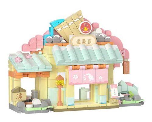 Bộ lắp ghép Wekki 516403 Maruko Onsen Shop - Cửa hàng suối nước nóng phong cách Nhật Bản, có minifigure Maruko, màu hồng và xanh chủ đạo, kích thước mô hình 16.4x6.5x13cm, phù hợp cho bé gái 6 tuổi