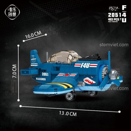 Đồ chơi lắp ráp Wele Chuangxiang 20514 Máy bay chiến đấu F4U hiển thị kích thước 13x16x7cm, giúp bé trai 6 tuổi phát triển tư duy không gian.