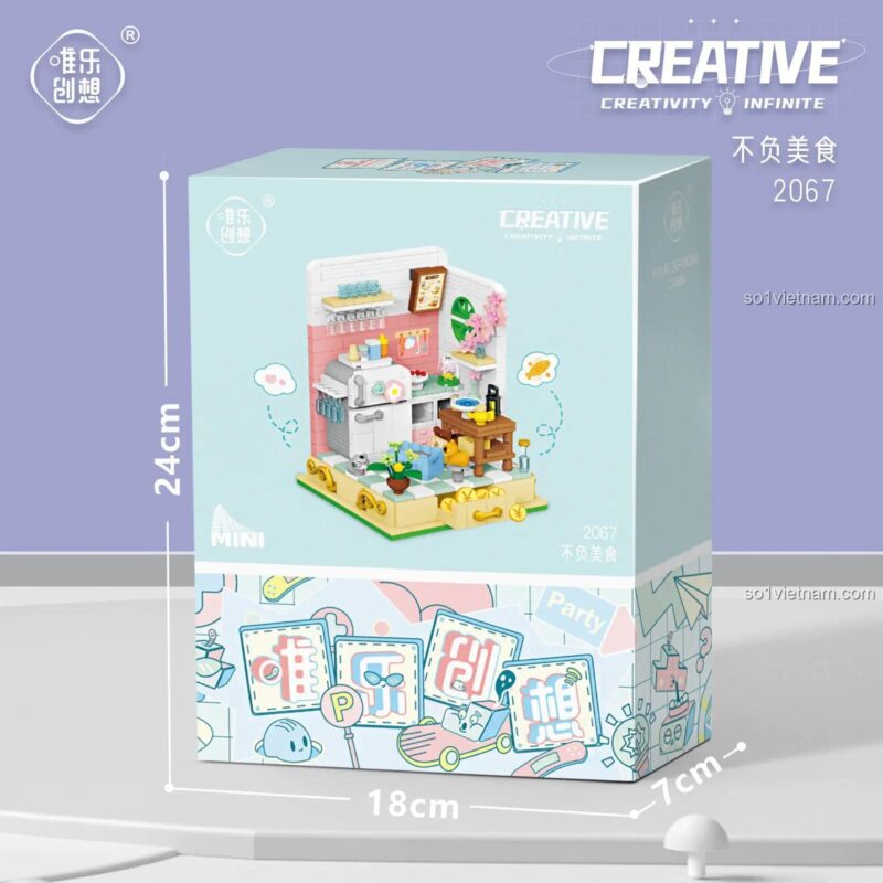 Đồ chơi lắp ráp Nhà Bếp Mini Wele Creative 2067, ảnh hộp thể hiện kích thước 18x7x24cm, phù hợp bé gái 6 tuổi, giá hời.