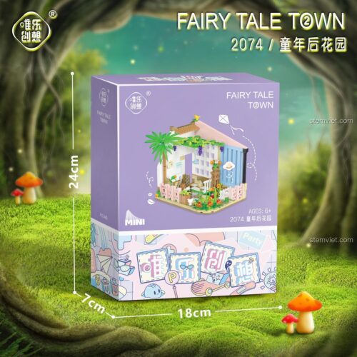 Hộp bộ lắp ghép WeLe Creative 2074 Khu Vườn Tuổi Thơ, thể hiện kích thước 18x7x24cm, đồ chơi lắp ghép Ngôi nhà cổ tích cho bé gái 6 tuổi.