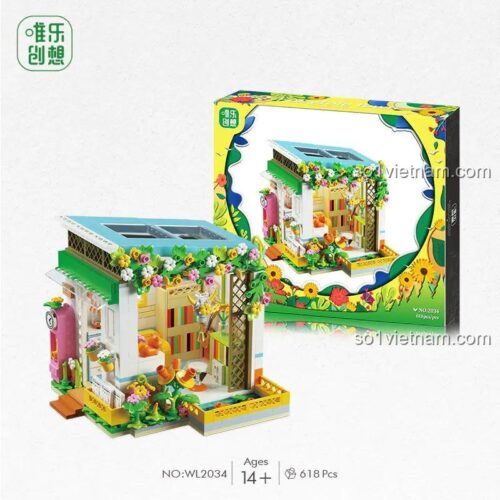 Hộp sản phẩm đồ chơi lắp ráp Welo Creative WL2034 Ngôi nhà hoa Thị trấn cổ tích, bộ xếp hình cho bé gái 14 tuổi, giá rẻ