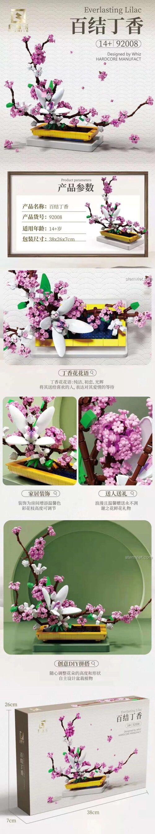 Mô hình hoa Đinh Hương 92008 Whiz, chi tiết sản phẩm, kích thước hộp 38x26x7cm, bộ xếp hình Cây cảnh Đinh Hương, đồ chơi xếp hình Chậu hoa Đinh Hương, quà tặng ý nghĩa cho con gái.