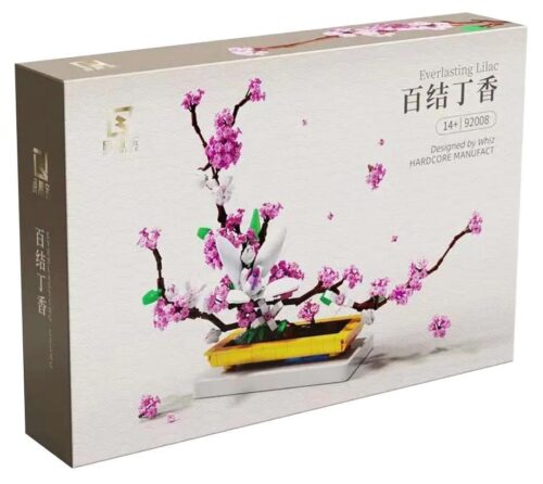 Bộ lắp ghép Whiz 92008 Tử Đinh Hương Vĩnh Cửu, đồ chơi mô hình hoa Đinh Hương, hộp sản phẩm màu kem với hình ảnh hoa đinh hương tím trắng, phù hợp cho con gái 14 tuổi, giá tốt.