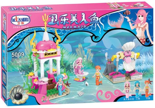 Mô hình hoàn chỉnh bộ lắp ráp Vườn hoa dưới biển Winner 5009, với 3 nàng tiên cá và các công trình san hô màu hồng. Đồ chơi cho bé gái 6 tuổi giá rẻ.