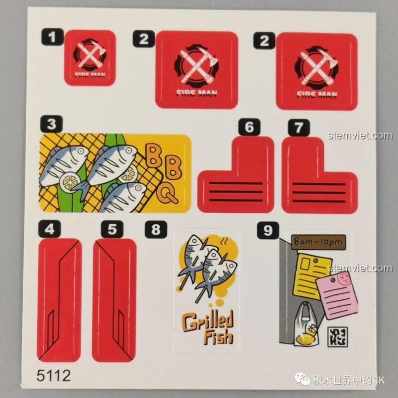 Tấm decal dán cho bộ đồ chơi xe cứu hỏa Winner 5112, với các chi tiết trang trí cho xe cứu hỏa và xe đẩy bán cá nướng.