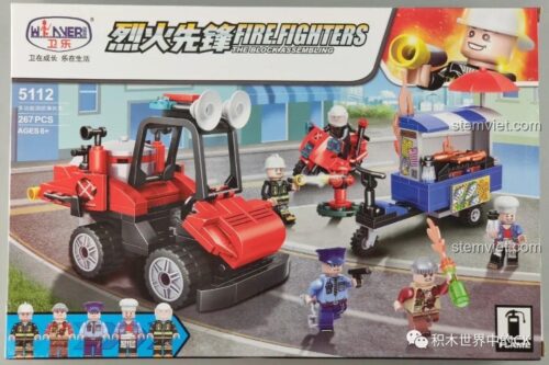 Cận cảnh hộp bộ đồ chơi xe cứu hỏa Winner 5112, hiển thị 267 mảnh ghép và 5 minifigures, đồ chơi lắp ráp xe cứu hỏa cho bé trai 6 tuổi.