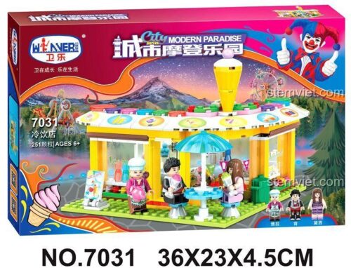 Hộp sản phẩm đồ chơi mô hình Tiệm kem JEMLOU 7031, gồm 251 mảnh ghép. Lựa chọn quà tặng sinh nhật tiết kiệm cho con gái.