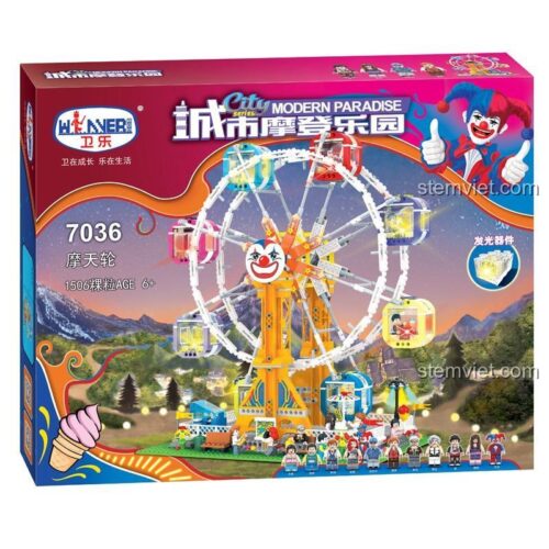 Hộp sản phẩm bộ xếp hình 7036 Vòng Quay Mặt Trời của hãng Winner, với 1506 chi tiết và đèn led, là món quà tuyệt vời cho trẻ.