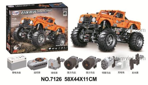 Hình ảnh hộp sản phẩm đồ chơi mô hình Monster Truck Winner 7126 và các phụ kiện đi kèm như điều khiển từ xa, động cơ, pin sạc.