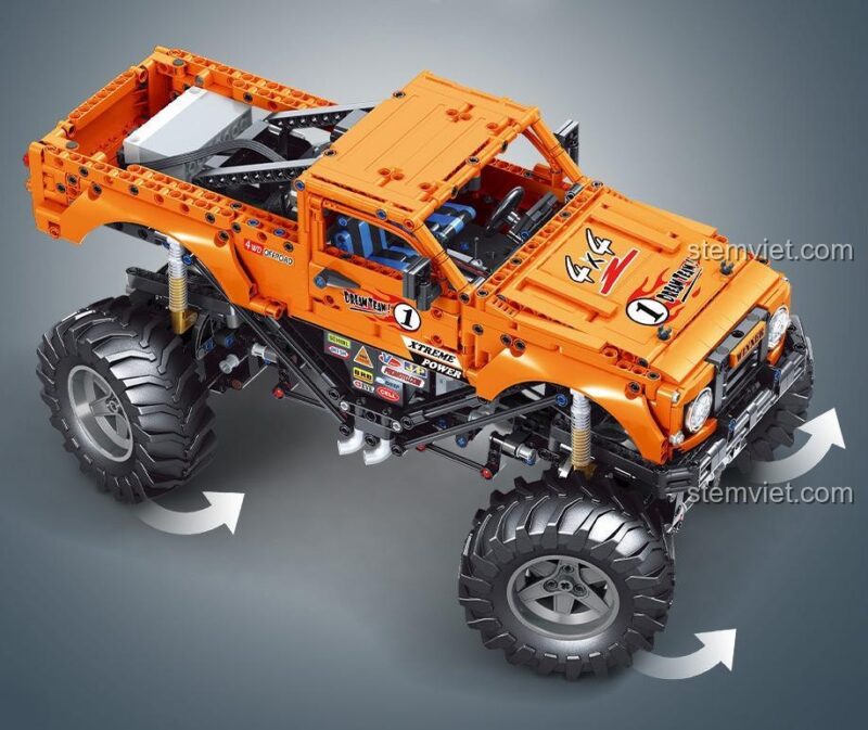 Minh họa khả năng đánh lái của đồ chơi mô hình Monster Truck 7126, cho thấy sự linh hoạt của hệ thống lái servo.