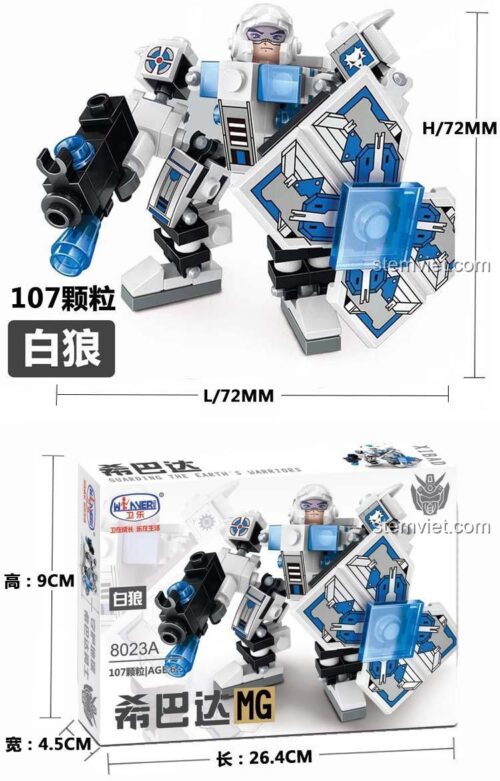 Chi tiết đồ chơi mô hình Robot Sói Trắng 8023A của Winner, với 107 mảnh ghép, kích thước và hình ảnh hộp sản phẩm. Món quà sáng tạo cho con trai.