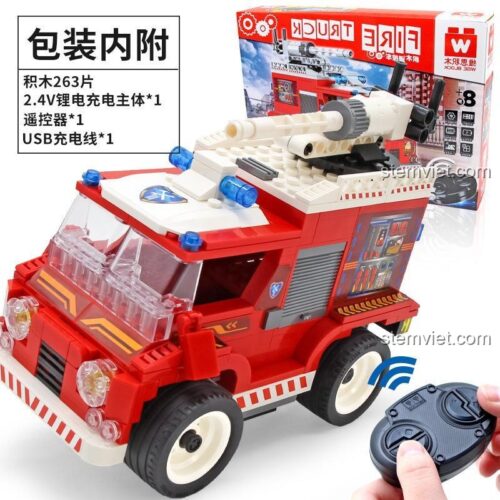 Bộ lắp ghép Xe Cứu Hỏa Điều Khiển Từ Xa Wise Block HA389045 với 263 mảnh, có điều khiển từ xa, động cơ pin có sẵn, phù hợp bé trai 6 tuổi, giá tiết kiệm.