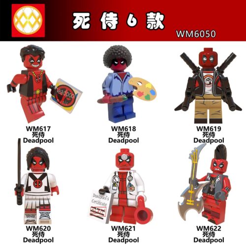 Bộ 6 minifigure Deadpool WM6050 của WM, bao gồm Minifigure Deadpool Bác Sĩ WM621, đồ chơi lắp ghép siêu anh hùng độc đáo, phù hợp bé trai 6 tuổi, giá tốt.
