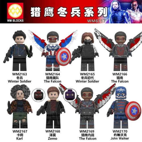 Toàn bộ set 8 minifigure WM6117 The Falcon and the Winter Soldier, đồ chơi mô hình siêu anh hùng Marvel giá rẻ cho bé trai 6 tuổi.