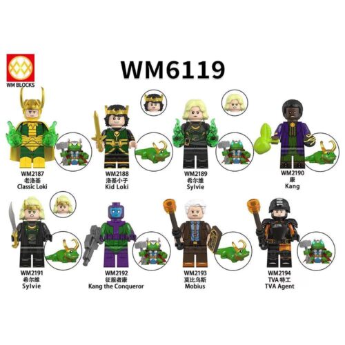 Bộ đồ chơi Loki WM Blocks WM6119, bộ 8 minifigure Marvel chất lượng cao, tái hiện chân thực các nhân vật Loki, Sylvie, Kang, Mobius, TVA Agent, phù hợp cho bé trai và bé gái 8 tuổi, giá tốt.