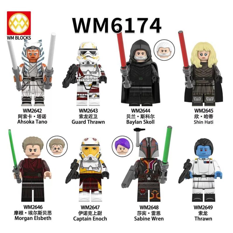 Bộ 8 Minifigure Star Wars WM Blocks WM6174 giá rẻ cho bé trai và bé gái 6 tuổi, đồ chơi mô hình Chiến tranh giữa các vì sao chất lượng cao, bao gồm Ahsoka Tano, Guard Thrawn, Baylan Skoll, Shin Hati, Morgan Elsbeth, Captain Enoch, Sabine Wren, Thrawn.