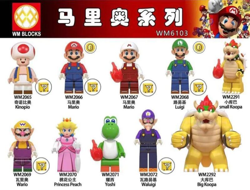 Toàn bộ series minifigure Super Mario WM6103, bao gồm mô hình Bowser WM2292. Đồ chơi mô hình giá rẻ cho bé trai 6 tuổi.