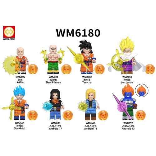 Poster bộ sưu tập 8 minifigure Dragon Ball WM6180, bao gồm cả minifigure Tenshinhan WM2691. Món quà giá rẻ cho bé trai 6 tuổi.