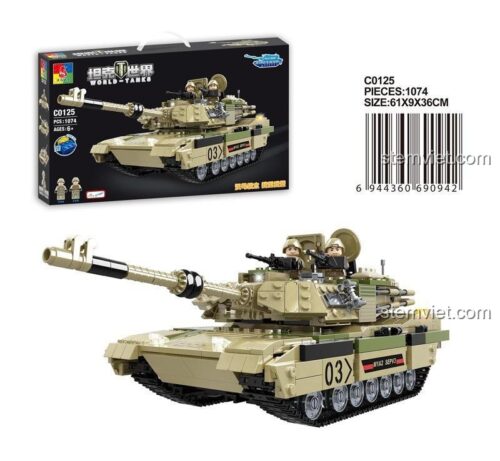 Hộp sản phẩm bộ đồ chơi WOMA C0125 Xe Tăng M1A2 Abrams World Tanks với 1074 chi tiết và 2 minifigure, phù hợp bé trai 6 tuổi, giá rẻ.