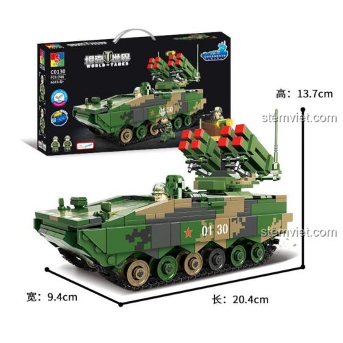Kích thước mô hình WOMA C0130 Xe Chiến Đấu Bánh Xích Tên Lửa Chống Tăng Hồng Tiễn-10 dài 20.4cm, rộng 9.4cm, cao 13.7cm, bộ lắp ráp 748 mảnh.
