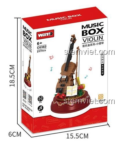 Hộp sản phẩm đồ chơi mô hình WOMA C0362 hộp nhạc violin, gồm 217 chi tiết, chất lượng cao.