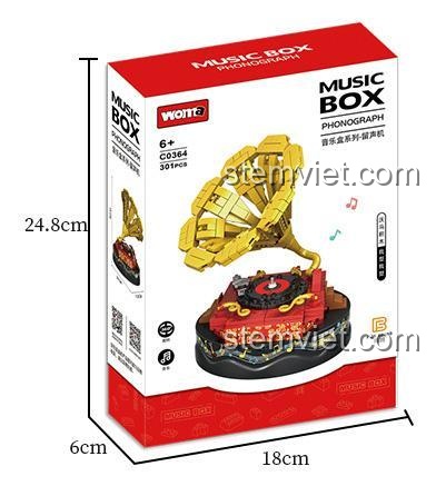 Hộp sản phẩm của WOMA C0364 Hộp nhạc gramophone, thể hiện rõ kích thước 18cm x 6cm x 24.8cm, phù hợp làm quà tặng.
