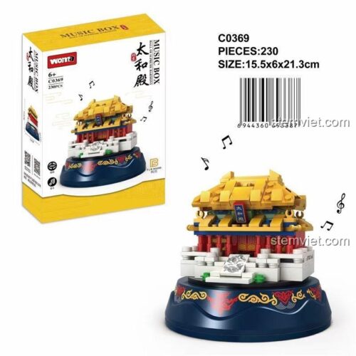 Vỏ hộp và mô hình của đồ chơi mô hình WOMA C0369 Hộp Nhạc Thái Hòa Điện, thể hiện rõ 230 chi tiết và kích thước hộp 15.5x6x21.3cm, phù hợp làm quà tặng.